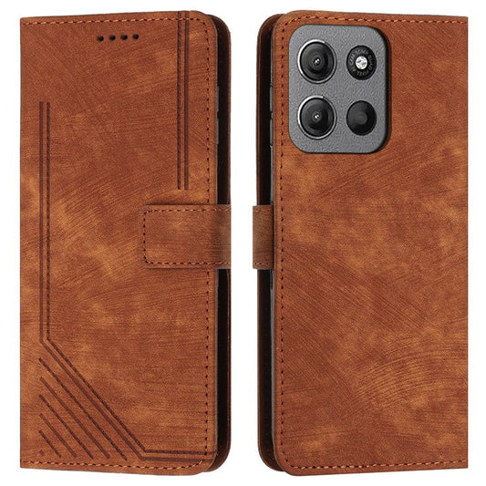 For Motorola Moto G15 4G Case Imprinted Lines Leather Phone Cover Folding Stand - Brown