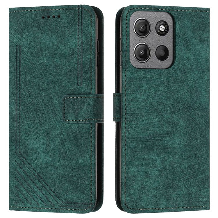 For Motorola Moto G15 4G Case Imprinted Lines Leather Phone Cover Folding Stand - Green