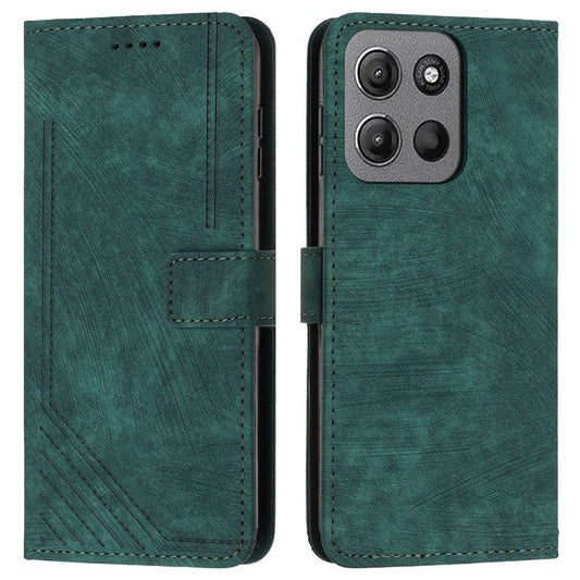 For Motorola Moto G15 4G Case Imprinted Lines Leather Phone Cover Folding Stand - Green
