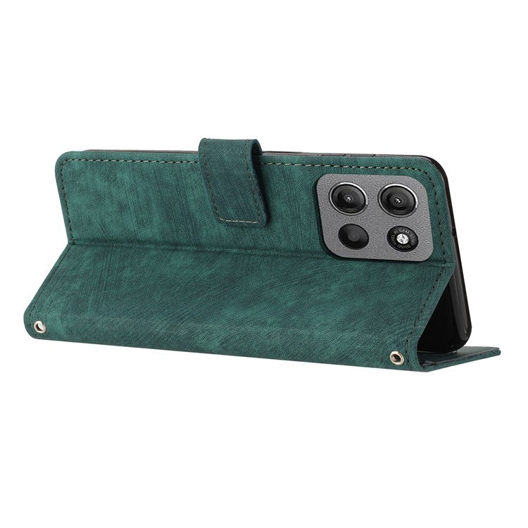 For Motorola Moto G15 4G Case Imprinted Lines Leather Phone Cover Folding Stand - Green