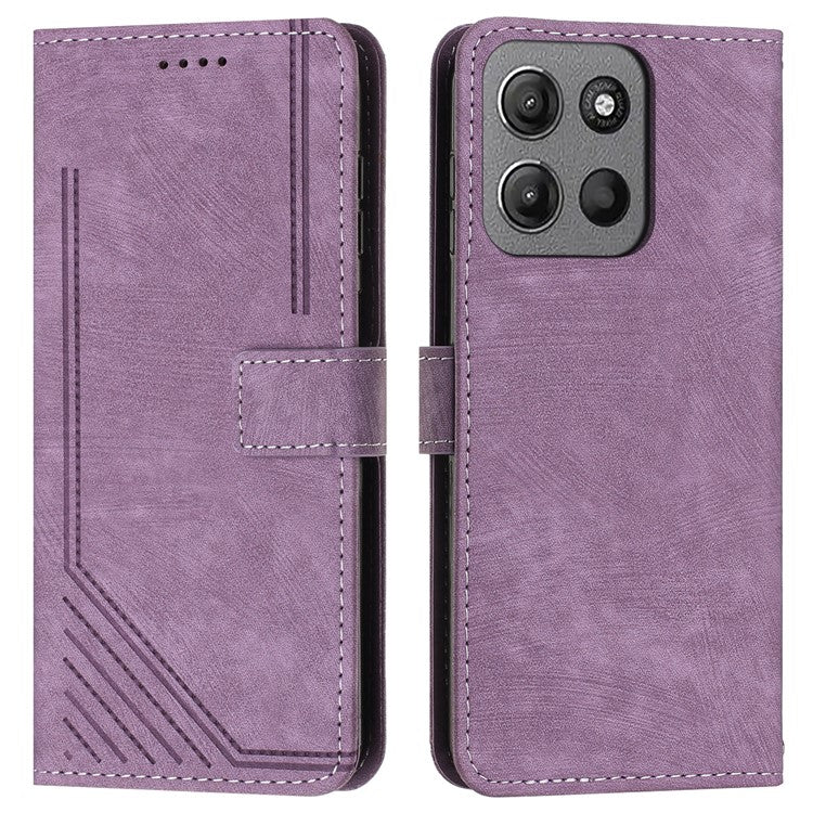 For Motorola Moto G15 4G Case Imprinted Lines Leather Phone Cover Folding Stand - Purple