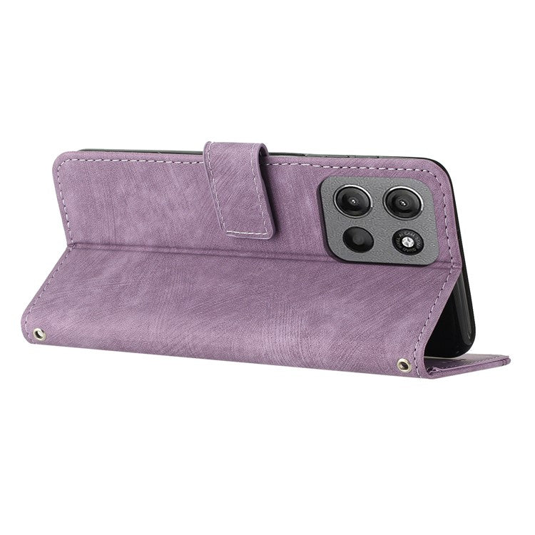 For Motorola Moto G15 4G Case Imprinted Lines Leather Phone Cover Folding Stand - Purple
