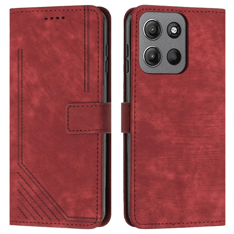 For Motorola Moto G15 4G Case Imprinted Lines Leather Phone Cover Folding Stand - Red