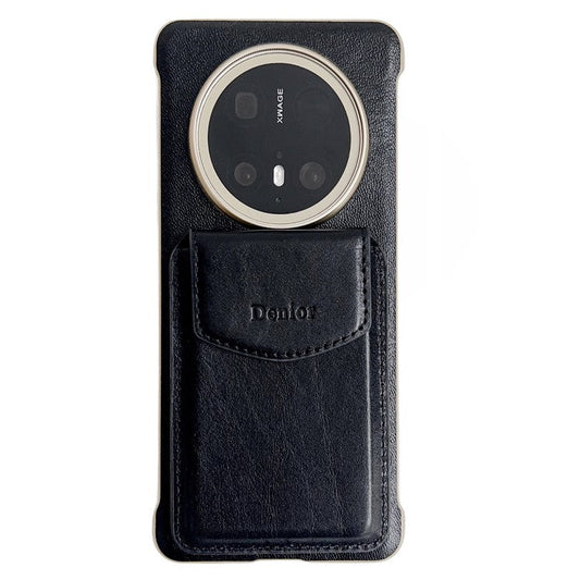DENIOR For Huawei Mate 70 Magnetic Case Genuine Cow Leather PC Kickstand Phone Cover with Card Holder - Black