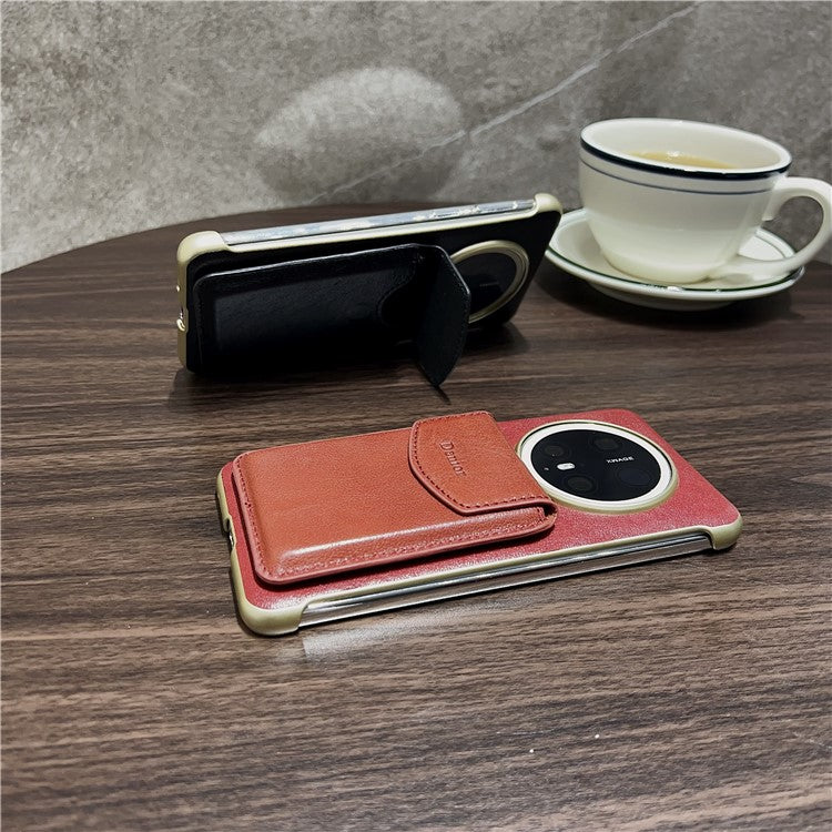 DENIOR For Huawei Mate 70 Magnetic Case Genuine Cow Leather PC Kickstand Phone Cover with Card Holder - Black