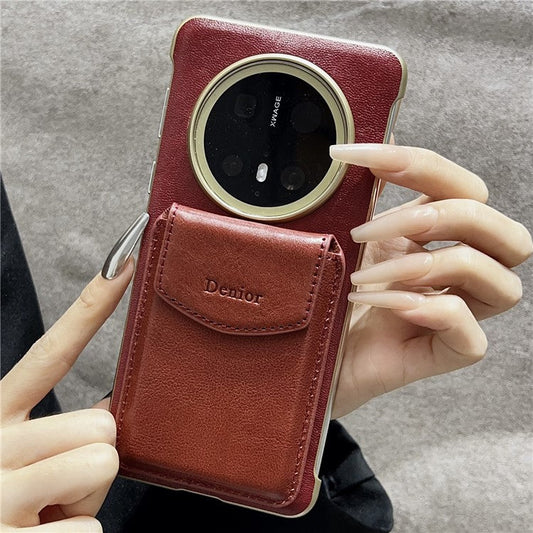 DENIOR For Huawei Mate 70 Magnetic Case Genuine Cow Leather PC Kickstand Phone Cover with Card Holder - Red