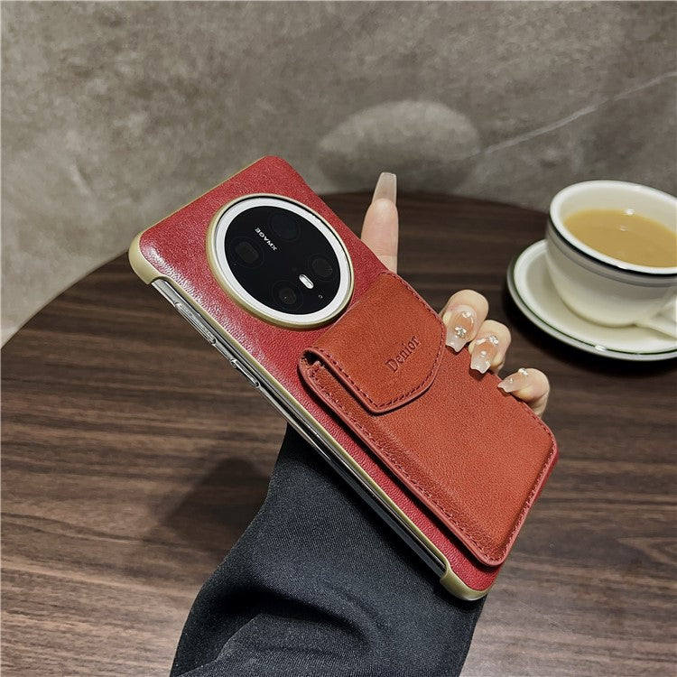DENIOR For Huawei Mate 70 Magnetic Case Genuine Cow Leather PC Kickstand Phone Cover with Card Holder - Red