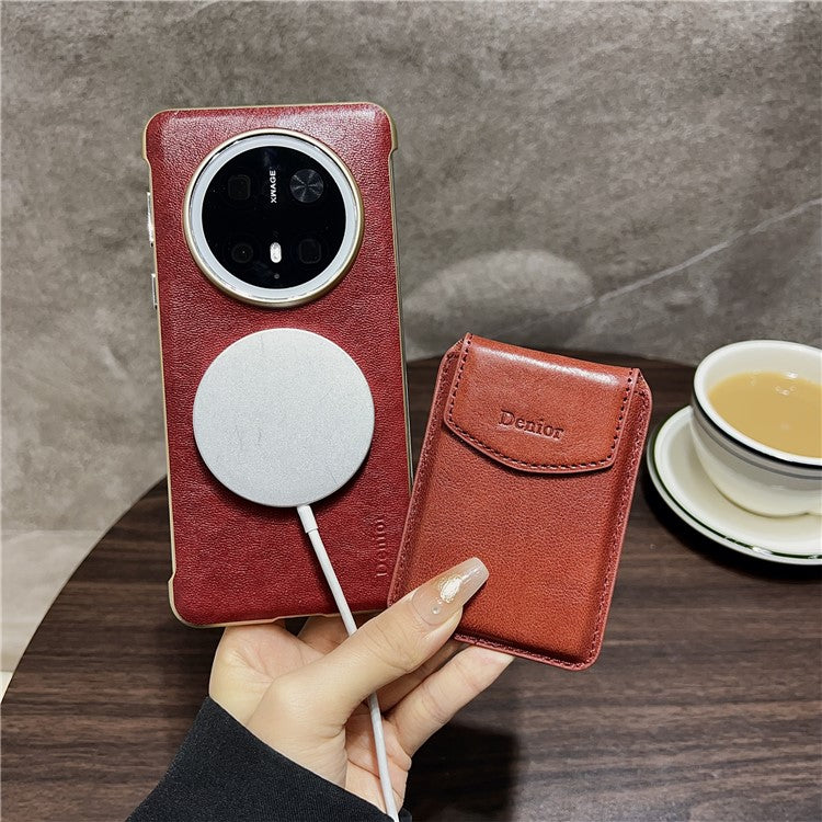 DENIOR For Huawei Mate 70 Magnetic Case Genuine Cow Leather PC Kickstand Phone Cover with Card Holder - Red