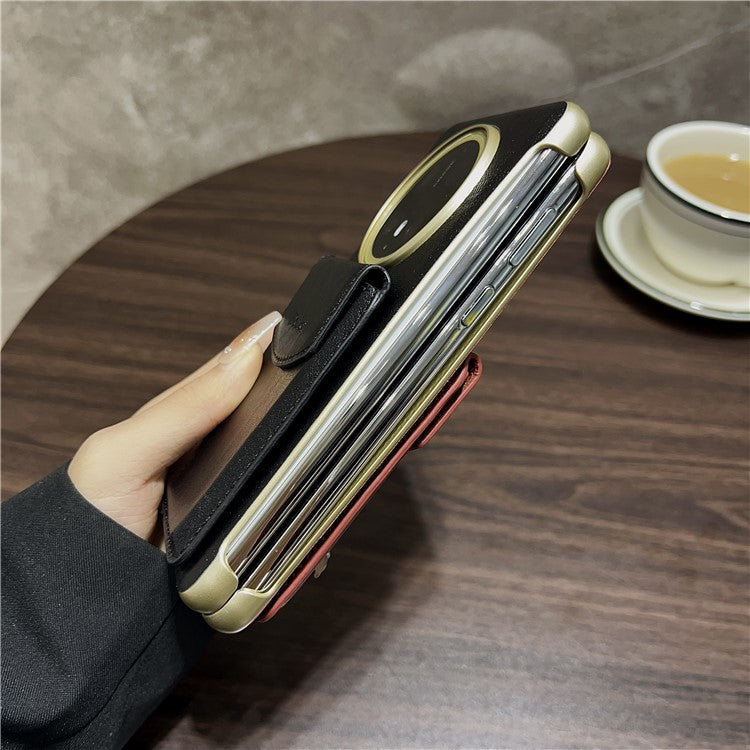 DENIOR For Huawei Mate 70 Magnetic Case Genuine Cow Leather PC Kickstand Phone Cover with Card Holder - Red