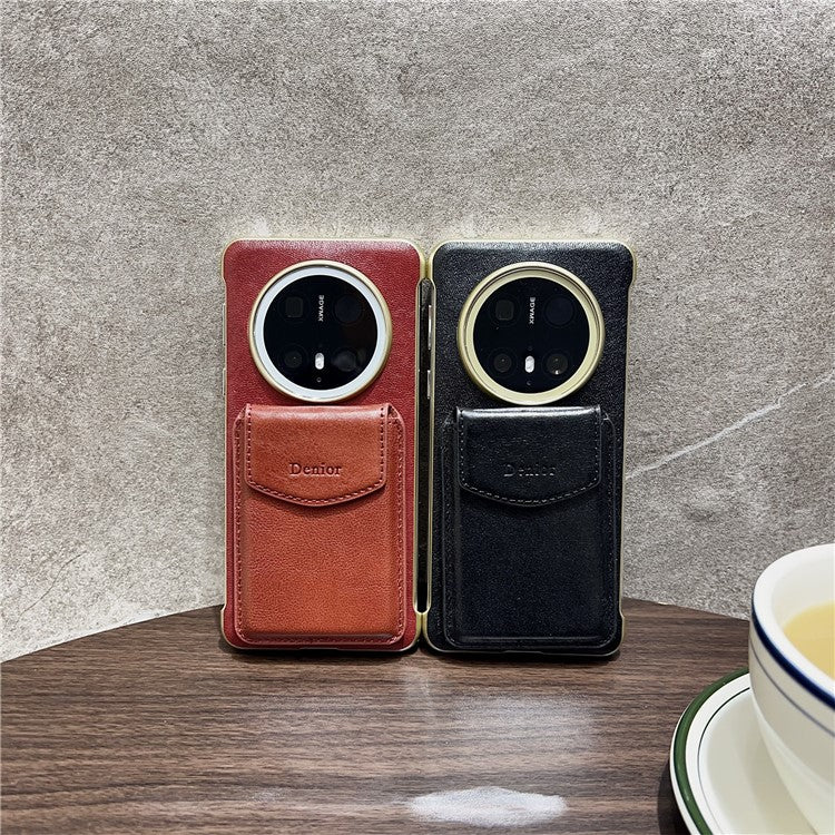 DENIOR For Huawei Mate 70 Magnetic Case Genuine Cow Leather PC Kickstand Phone Cover with Card Holder - Red
