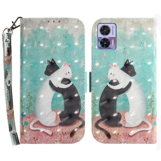 For Motorola Edge 30 Neo 5G / Edge 30 Lite 3D Pattern Printing Leather Flip Phone Case Wallet Stand Magnetic Shockproof Cover with Strap - Two Cats