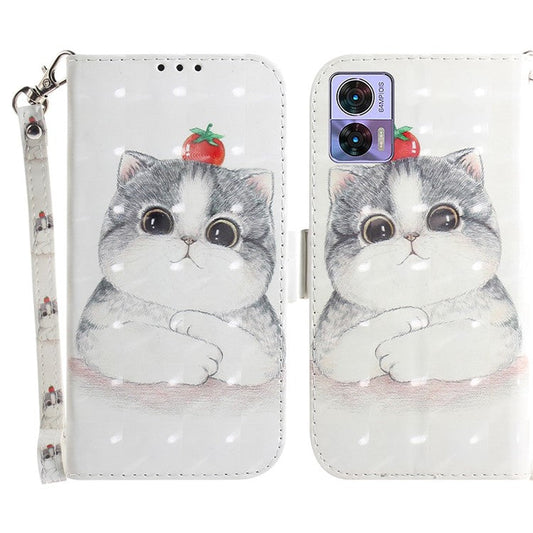 For Motorola Edge 30 Neo 5G / Edge 30 Lite 3D Pattern Printing Leather Flip Phone Case Wallet Stand Magnetic Shockproof Cover with Strap - Cute Cat