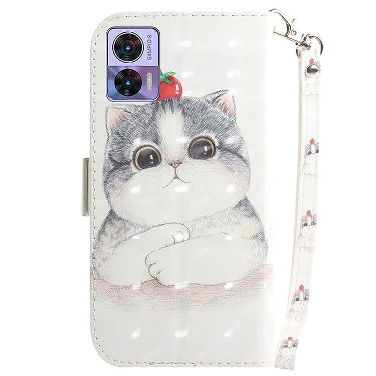 For Motorola Edge 30 Neo 5G / Edge 30 Lite 3D Pattern Printing Leather Flip Phone Case Wallet Stand Magnetic Shockproof Cover with Strap - Cute Cat