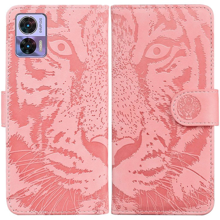 For Motorola Edge 30 Neo 5G Imprinting Tiger Pattern PU Leather Shockproof Cover Magnetic Clasp Phone Stand Wallet Case - Pink