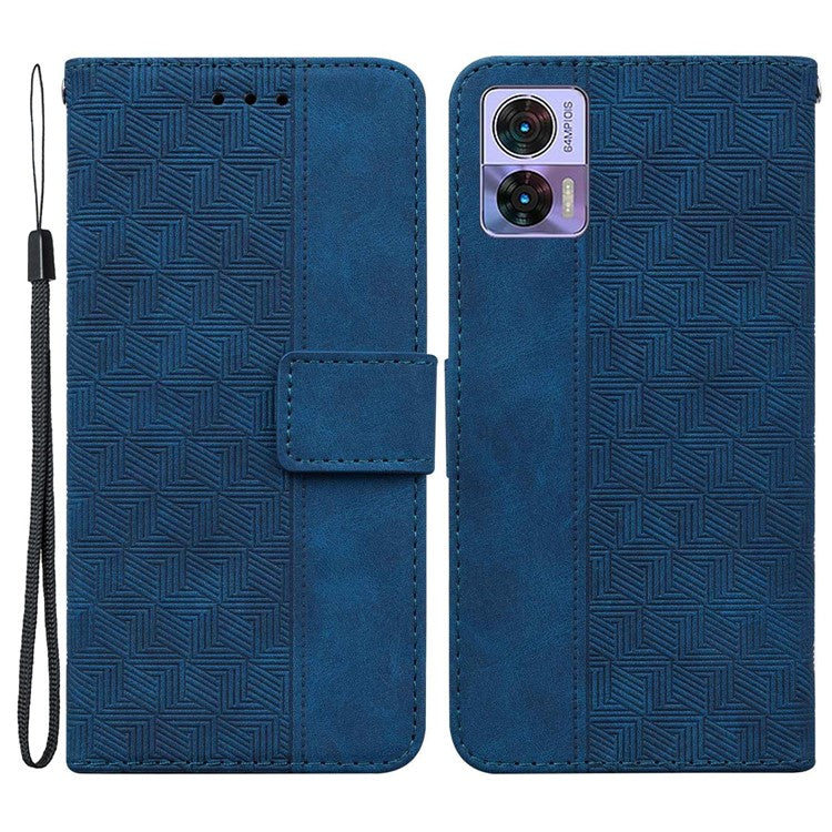 For Motorola Edge 30 Neo 5G Geometry Imprinted PU Leather Phone Shockproof Cover Flip Stand Wallet Case with Strap - Blue