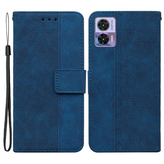 For Motorola Edge 30 Neo 5G Geometry Imprinted PU Leather Phone Shockproof Cover Flip Stand Wallet Case with Strap - Blue