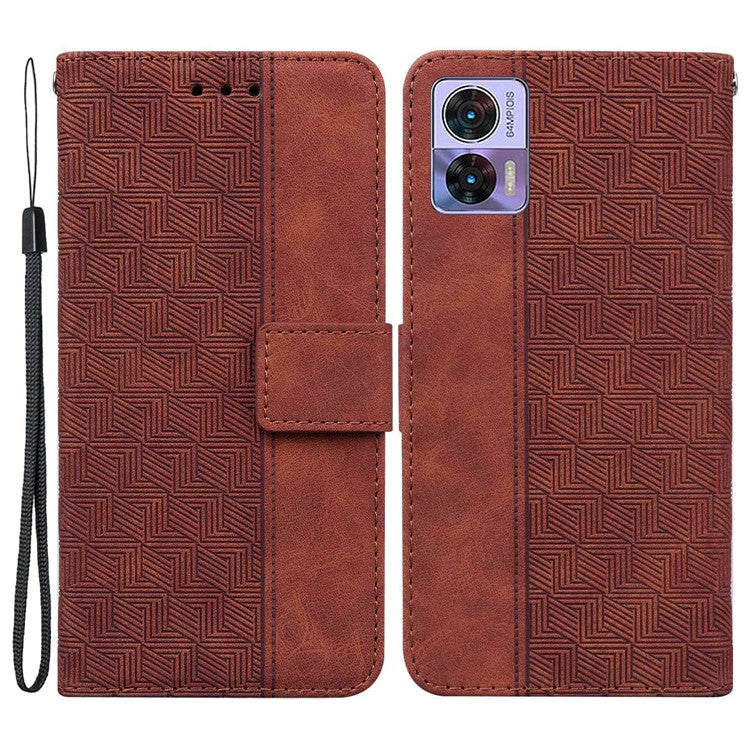For Motorola Edge 30 Neo 5G Geometry Imprinted PU Leather Phone Shockproof Cover Flip Stand Wallet Case with Strap - Brown