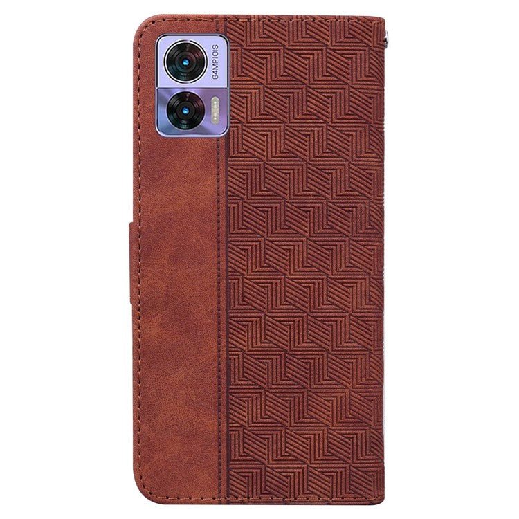 For Motorola Edge 30 Neo 5G Geometry Imprinted PU Leather Phone Shockproof Cover Flip Stand Wallet Case with Strap - Brown