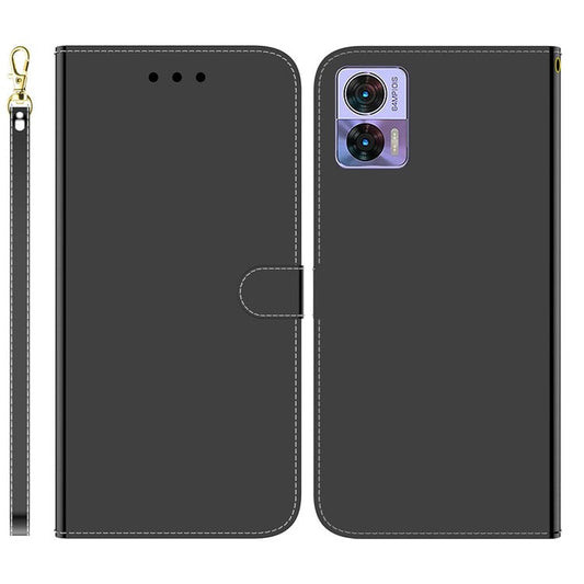 Mirror-like Surface PU Leather Case for Motorola Edge 30 Neo 5G, Magnetic Clasp Phone  Stand Wallet Shell Drop-proof Cover with Strap - Black