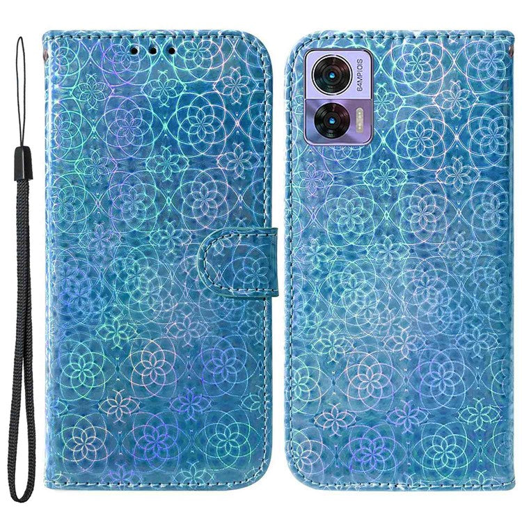 For Motorola Edge 30 Neo 5G Dazzling Flower Pattern PU Leather Protective Case Foldable Stand Phone Wallet Cover - Blue