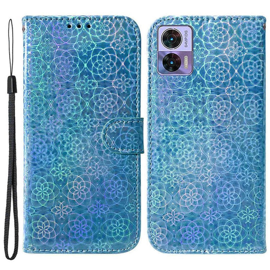 For Motorola Edge 30 Neo 5G Dazzling Flower Pattern PU Leather Protective Case Foldable Stand Phone Wallet Cover - Blue