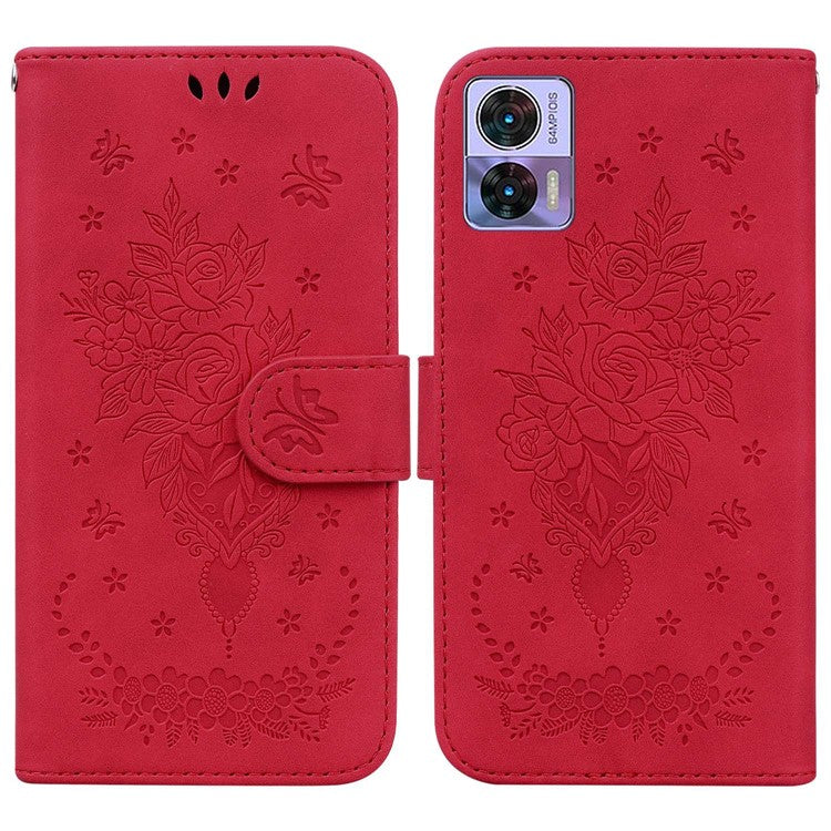 PU Leather Protective Phone Case for Motorola Edge 30 Neo 5G, Rose Butterfly Imprinted Anti-drop Cover Flip Stand Wallet Shell with Strap - Red