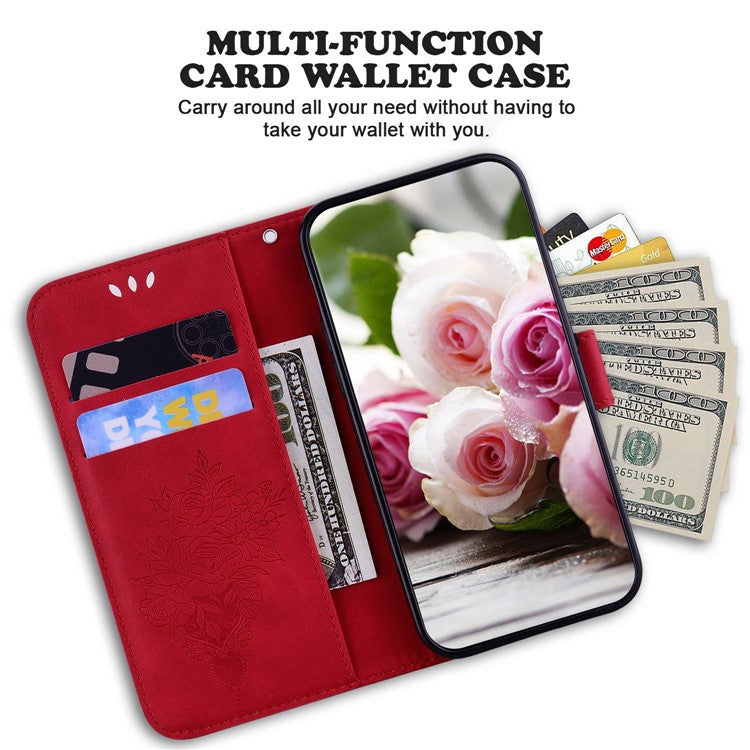 PU Leather Protective Phone Case for Motorola Edge 30 Neo 5G, Rose Butterfly Imprinted Anti-drop Cover Flip Stand Wallet Shell with Strap - Red