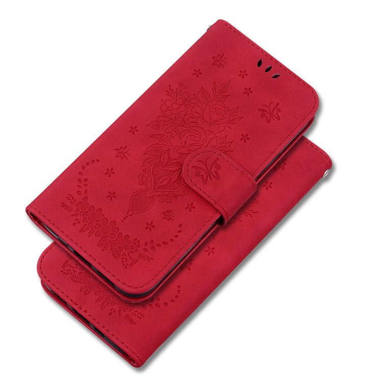 PU Leather Protective Phone Case for Motorola Edge 30 Neo 5G, Rose Butterfly Imprinted Anti-drop Cover Flip Stand Wallet Shell with Strap - Red