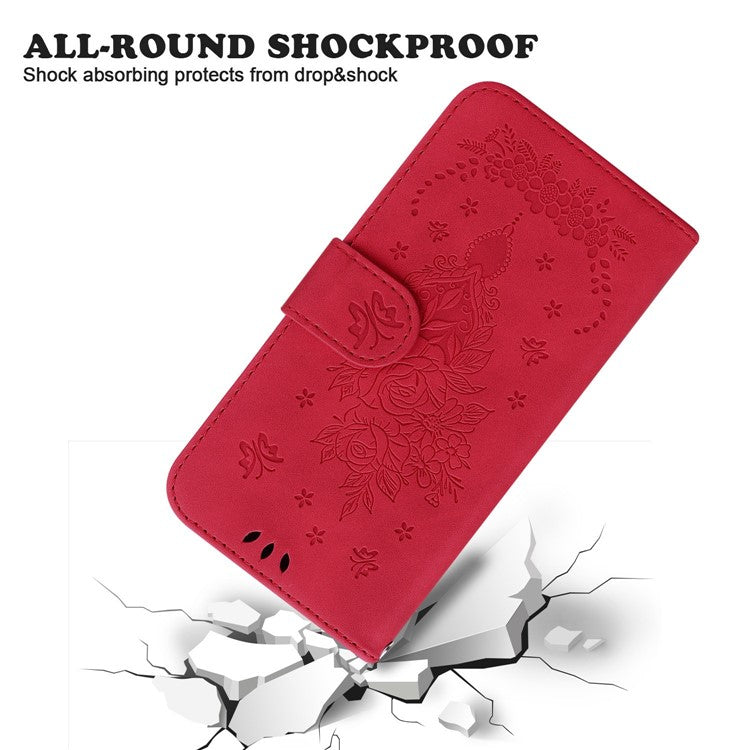 PU Leather Protective Phone Case for Motorola Edge 30 Neo 5G, Rose Butterfly Imprinted Anti-drop Cover Flip Stand Wallet Shell with Strap - Red