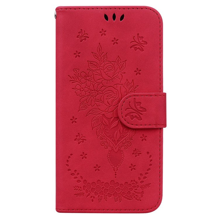 PU Leather Protective Phone Case for Motorola Edge 30 Neo 5G, Rose Butterfly Imprinted Anti-drop Cover Flip Stand Wallet Shell with Strap - Red