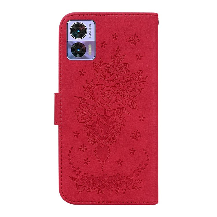PU Leather Protective Phone Case for Motorola Edge 30 Neo 5G, Rose Butterfly Imprinted Anti-drop Cover Flip Stand Wallet Shell with Strap - Red