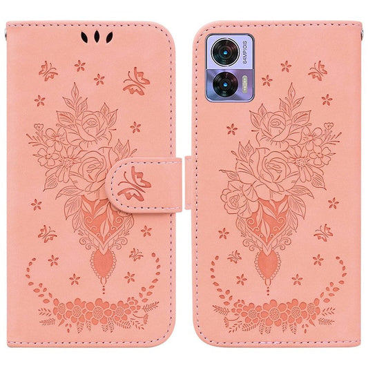 PU Leather Protective Phone Case for Motorola Edge 30 Neo 5G, Rose Butterfly Imprinted Anti-drop Cover Flip Stand Wallet Shell with Strap - Pink