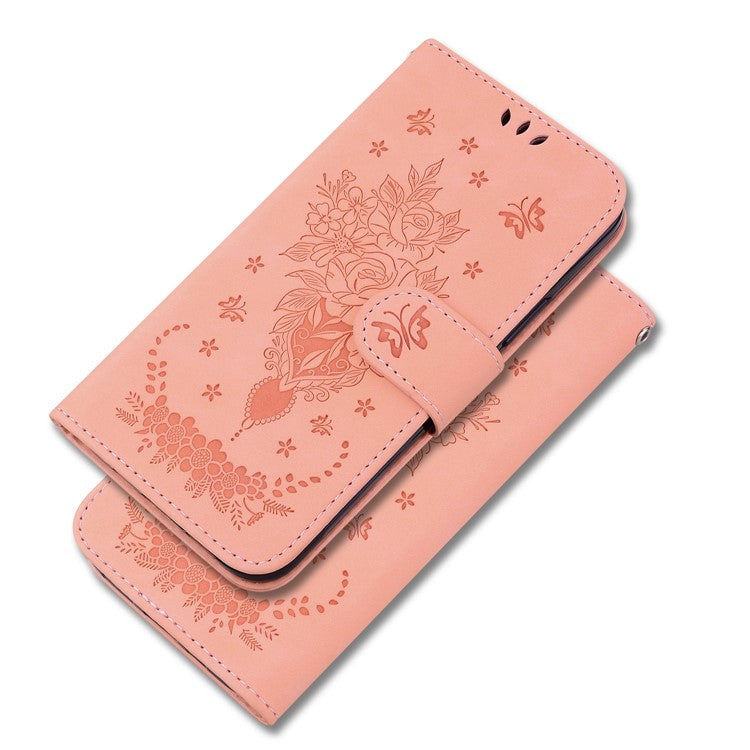 PU Leather Protective Phone Case for Motorola Edge 30 Neo 5G, Rose Butterfly Imprinted Anti-drop Cover Flip Stand Wallet Shell with Strap - Pink