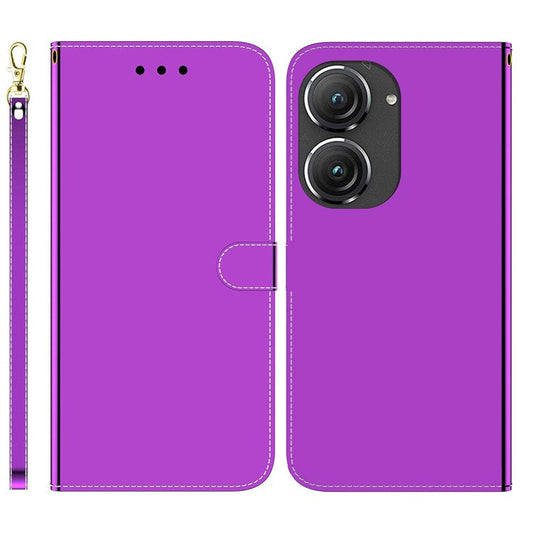 Mirror-like Surface Stand Wallet Case for Asus Zenfone 9 5G, PU Leather Magnetic Clasp Phone Drop-proof Cover with Strap - Purple