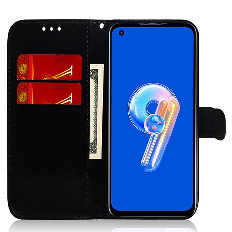 Mirror-like Surface Stand Wallet Case for Asus Zenfone 9 5G, PU Leather Magnetic Clasp Phone Drop-proof Cover with Strap - Purple