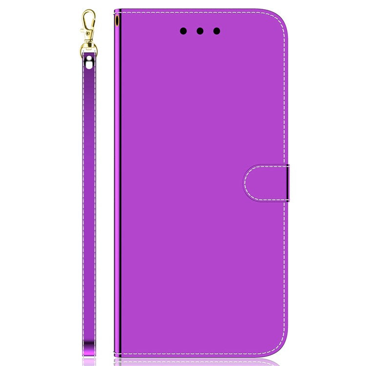 Mirror-like Surface Stand Wallet Case for Asus Zenfone 9 5G, PU Leather Magnetic Clasp Phone Drop-proof Cover with Strap - Purple
