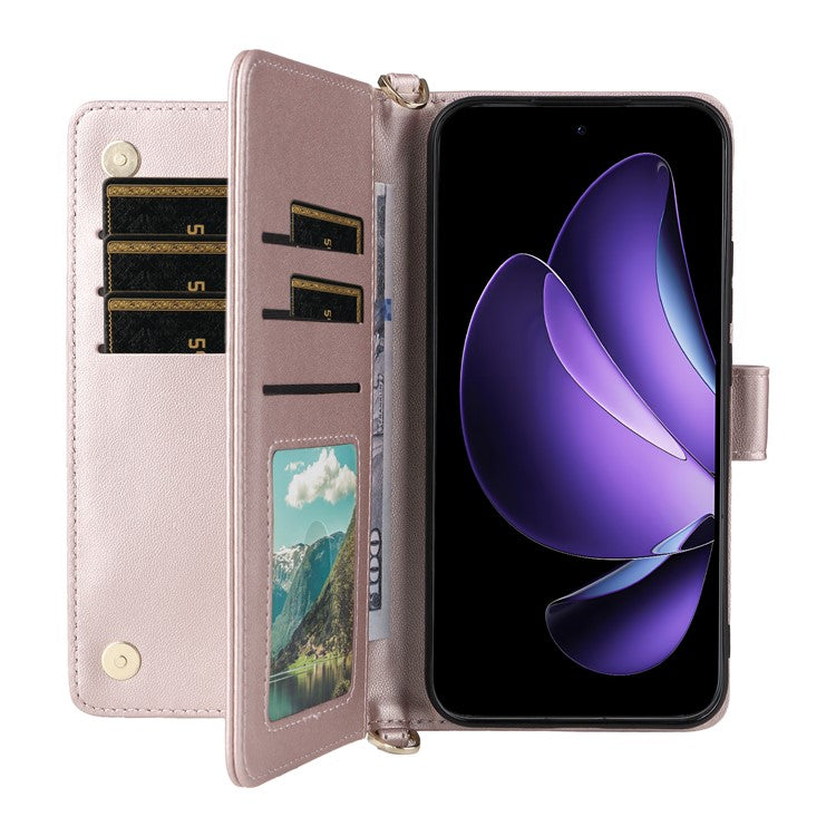 For Oppo Reno13 5G (Global) Wallet Case with Shoulder / Wrist Strap Leather Phone Cover Stand - Pink