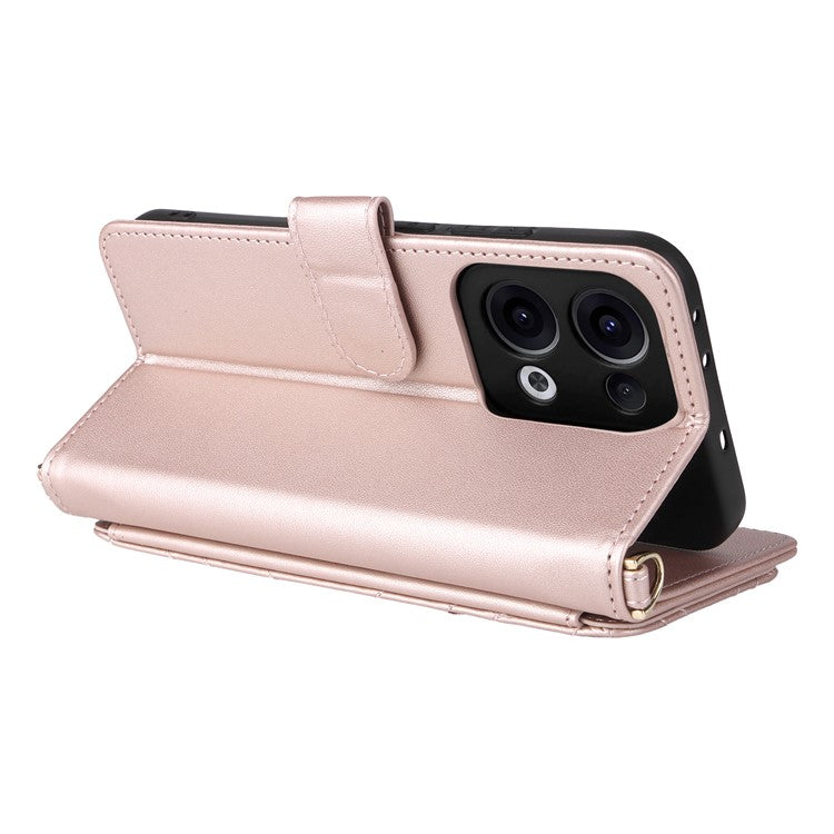 For Oppo Reno13 5G (Global) Wallet Case with Shoulder / Wrist Strap Leather Phone Cover Stand - Pink