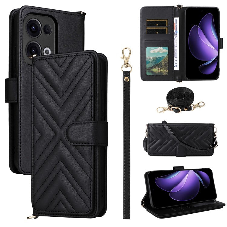 For Oppo Reno13 5G (Global) Wallet Case with Shoulder / Wrist Strap Leather Phone Cover Stand - Black
