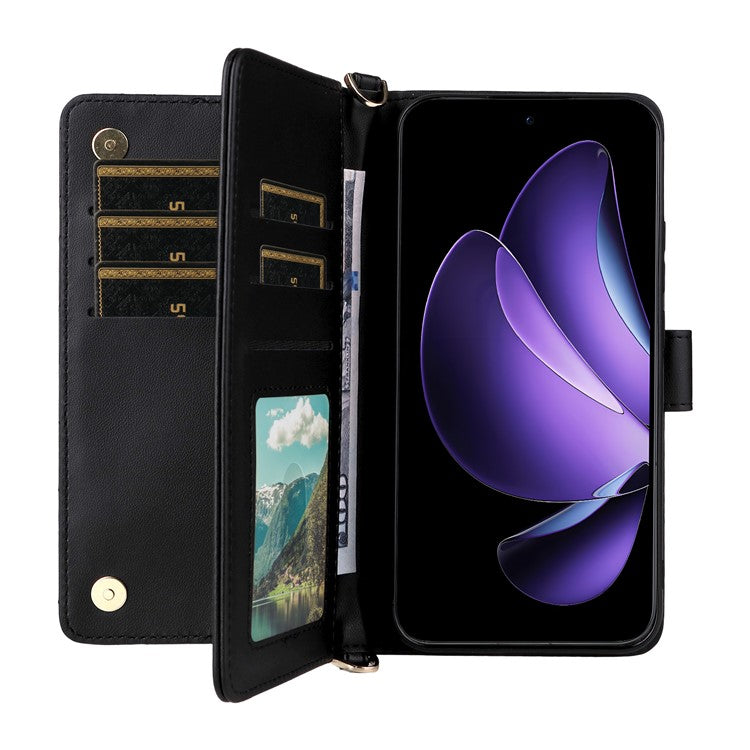 For Oppo Reno13 5G (Global) Wallet Case with Shoulder / Wrist Strap Leather Phone Cover Stand - Black