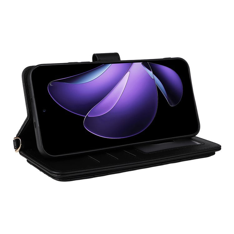 For Oppo Reno13 5G (Global) Wallet Case with Shoulder / Wrist Strap Leather Phone Cover Stand - Black