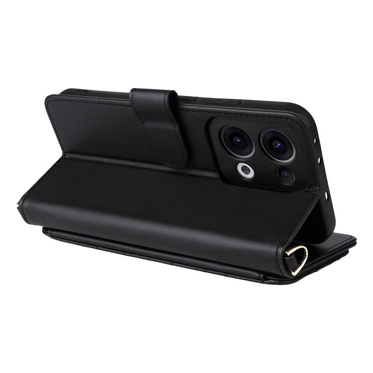 For Oppo Reno13 5G (Global) Wallet Case with Shoulder / Wrist Strap Leather Phone Cover Stand - Black