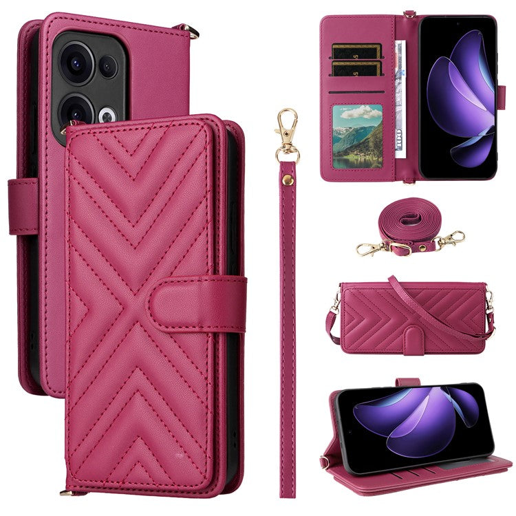 For Oppo Reno13 5G (Global) Wallet Case with Shoulder / Wrist Strap Leather Phone Cover Stand - Rose