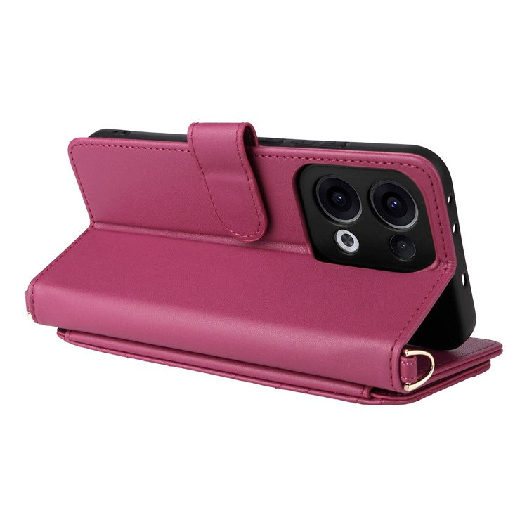 For Oppo Reno13 5G (Global) Wallet Case with Shoulder / Wrist Strap Leather Phone Cover Stand - Rose