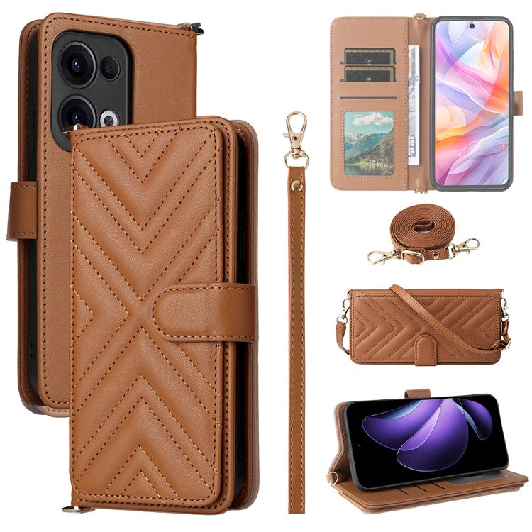 For Oppo Reno13 5G (Global) Wallet Case with Shoulder / Wrist Strap Leather Phone Cover Stand - Brown