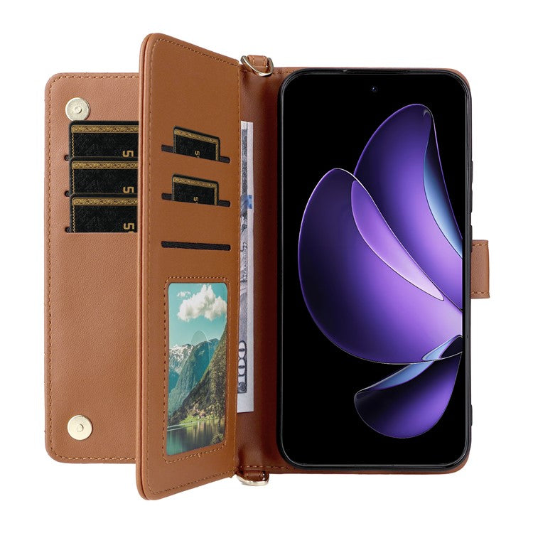 For Oppo Reno13 5G (Global) Wallet Case with Shoulder / Wrist Strap Leather Phone Cover Stand - Brown