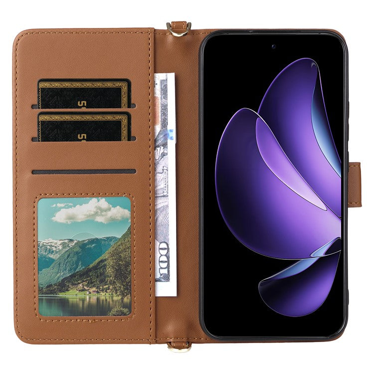 For Oppo Reno13 5G (Global) Wallet Case with Shoulder / Wrist Strap Leather Phone Cover Stand - Brown