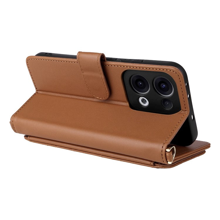 For Oppo Reno13 5G (Global) Wallet Case with Shoulder / Wrist Strap Leather Phone Cover Stand - Brown