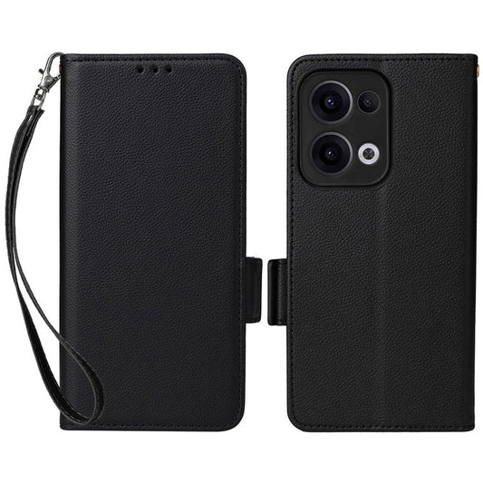 For Oppo Reno13 5G (Global) Case with Wrist Strap Litchi Texture PU Leather Wallet Phone Cover - Black