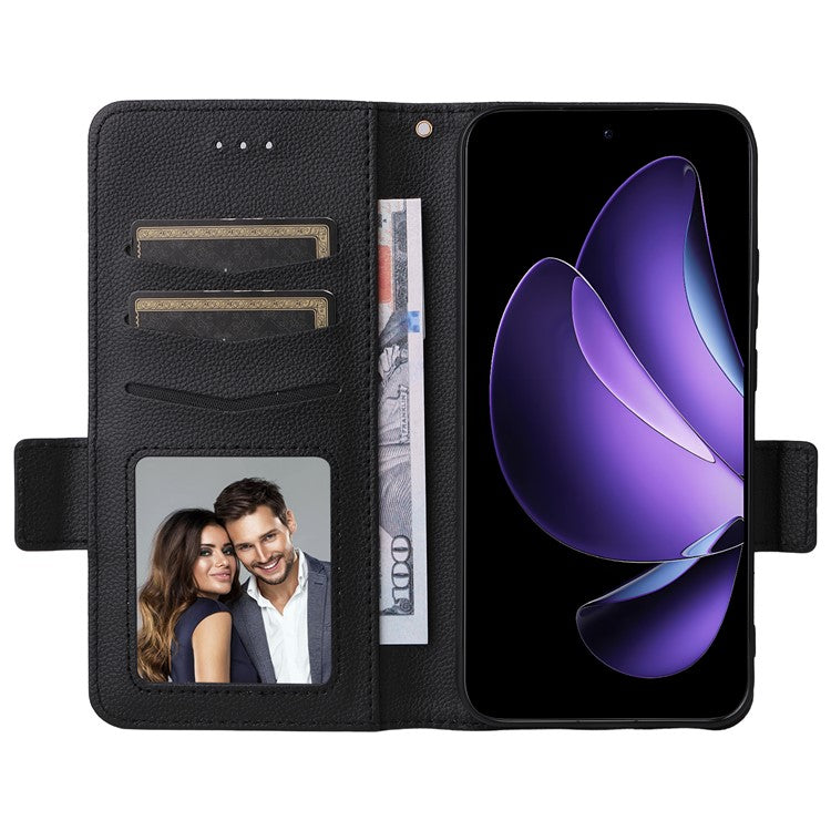 For Oppo Reno13 5G (Global) Case with Wrist Strap Litchi Texture PU Leather Wallet Phone Cover - Black